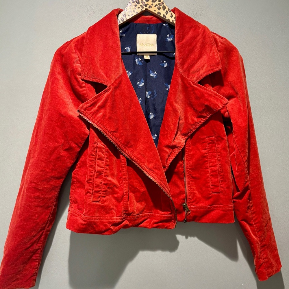 MODCLOTH | Red Orange Corduroy Moto Asymmetrical Zip Collar Jacket - Picture 2 of 5